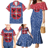 Serbia Family Matching Mermaid Dress and Hawaiian Shirt with Royal Animal Crest and Tulip Floral Blue Background