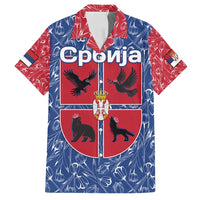 Serbia Family Matching Off Shoulder Maxi Dress and Hawaiian Shirt with Royal Animal Crest and Tulip Floral Blue Background