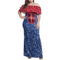 Serbia Family Matching Off Shoulder Maxi Dress and Hawaiian Shirt with Royal Animal Crest and Tulip Floral Blue Background