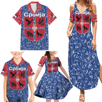 Serbia Family Matching Summer Maxi Dress and Hawaiian Shirt with Royal Animal Crest and Tulip Floral Blue Background