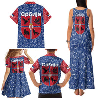 Serbia Family Matching Tank Maxi Dress and Hawaiian Shirt with Royal Animal Crest and Tulip Floral Blue Background