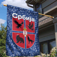 Serbia Garden Flag with Royal Animal Crest and Tulip Floral Blue Background
