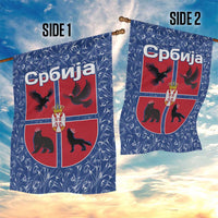 Serbia Garden Flag with Royal Animal Crest and Tulip Floral Blue Background