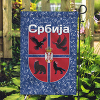 Serbia Garden Flag with Royal Animal Crest and Tulip Floral Blue Background