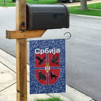 Serbia Garden Flag with Royal Animal Crest and Tulip Floral Blue Background