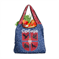 Serbia Grocery Bag with Royal Animal Crest and Tulip Floral Blue Background