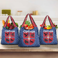 Serbia Grocery Bag with Royal Animal Crest and Tulip Floral Blue Background