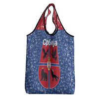 Serbia Grocery Bag with Royal Animal Crest and Tulip Floral Blue Background