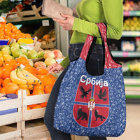 Serbia Grocery Bag with Royal Animal Crest and Tulip Floral Blue Background