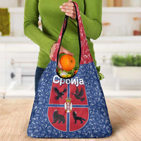 Serbia Grocery Bag with Royal Animal Crest and Tulip Floral Blue Background