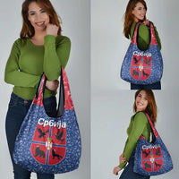 Serbia Grocery Bag with Royal Animal Crest and Tulip Floral Blue Background