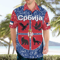 Serbia Hawaiian Shirt with Royal Animal Crest and Tulip Floral Blue Background