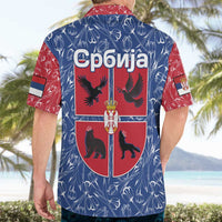 Serbia Hawaiian Shirt with Royal Animal Crest and Tulip Floral Blue Background