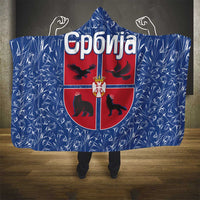 Serbia Hooded Blanket with Royal Animal Crest and Tulip Floral Blue Background