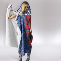 Serbia Hooded Blanket with Royal Animal Crest and Tulip Floral Blue Background