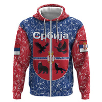 Serbia Hoodie with Royal Animal Crest and Tulip Floral Blue Background