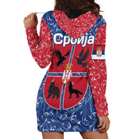Serbia Hoodie Dress with Royal Animal Crest and Tulip Floral Blue Background