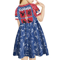 Serbia Kid Short Sleeve Dress with Royal Animal Crest and Tulip Floral Blue Background