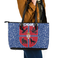 Serbia Leather Tote Bag with Royal Animal Crest and Tulip Floral Blue Background