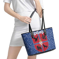 Serbia Leather Tote Bag with Royal Animal Crest and Tulip Floral Blue Background