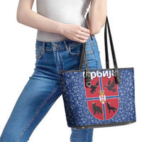 Serbia Leather Tote Bag with Royal Animal Crest and Tulip Floral Blue Background