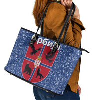 Serbia Leather Tote Bag with Royal Animal Crest and Tulip Floral Blue Background