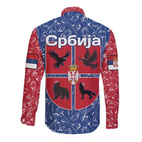 Serbia Long Sleeve Button Shirt with Royal Animal Crest and Tulip Floral Blue Background
