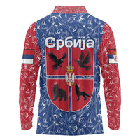 Serbia Long Sleeve Polo Shirt with Royal Animal Crest and Tulip Floral Blue Background