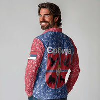 Serbia Long Sleeve Polo Shirt with Royal Animal Crest and Tulip Floral Blue Background
