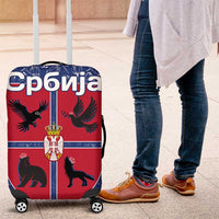 Serbia Luggage Cover with Royal Animal Crest and Tulip Floral Blue Background