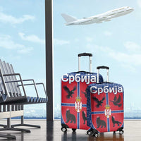 Serbia Luggage Cover with Royal Animal Crest and Tulip Floral Blue Background