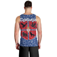 Serbia Men Tank Top with Royal Animal Crest and Tulip Floral Blue Background