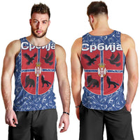 Serbia Men Tank Top with Royal Animal Crest and Tulip Floral Blue Background