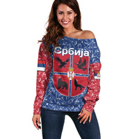 Serbia Off Shoulder Sweater with Royal Animal Crest and Tulip Floral Blue Background