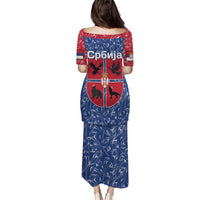 Serbia Puletasi with Royal Animal Crest and Tulip Floral Blue Background