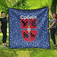 Serbia Quilt with Royal Animal Crest and Tulip Floral Blue Background
