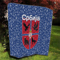 Serbia Quilt with Royal Animal Crest and Tulip Floral Blue Background