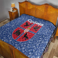 Serbia Quilt with Royal Animal Crest and Tulip Floral Blue Background