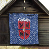 Serbia Quilt with Royal Animal Crest and Tulip Floral Blue Background