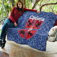 Serbia Quilt with Royal Animal Crest and Tulip Floral Blue Background