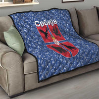 Serbia Quilt with Royal Animal Crest and Tulip Floral Blue Background