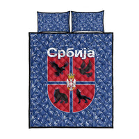 Serbia Quilt Bed Set with Royal Animal Crest and Tulip Floral Blue Background