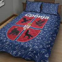 Serbia Quilt Bed Set with Royal Animal Crest and Tulip Floral Blue Background