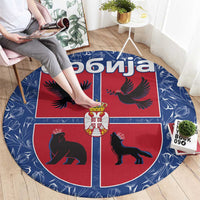 Serbia Round Carpet with Royal Animal Crest and Tulip Floral Blue Background