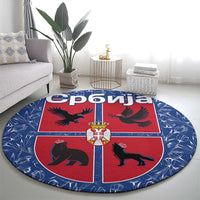 Serbia Round Carpet with Royal Animal Crest and Tulip Floral Blue Background