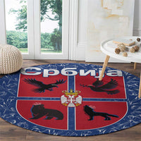 Serbia Round Carpet with Royal Animal Crest and Tulip Floral Blue Background
