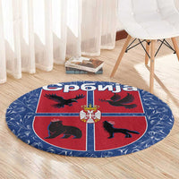 Serbia Round Carpet with Royal Animal Crest and Tulip Floral Blue Background