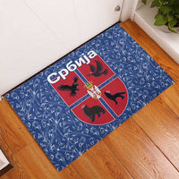 Serbia Rubber Doormat with Royal Animal Crest and Tulip Floral Blue Background