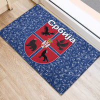 Serbia Rubber Doormat with Royal Animal Crest and Tulip Floral Blue Background