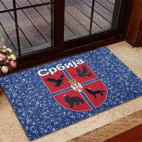 Serbia Rubber Doormat with Royal Animal Crest and Tulip Floral Blue Background